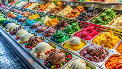 Fototapeta premium Colorful array of creamy ice cream flavors and toppings on display at a bustling sweet shop, enticing customers to indulge in a cool treat.