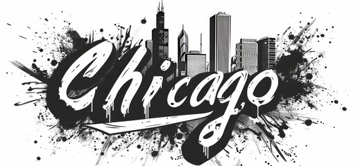 The name of Chicago written in graffiti-style brush script lettering with spray paint effect isolated on transparent background
