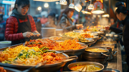 Obraz premium Korean street food market with vendors serving dishes