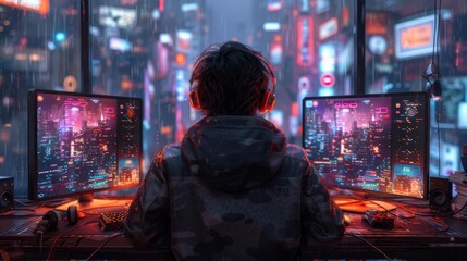 Cyberpunk gamer in neon city - generative ai