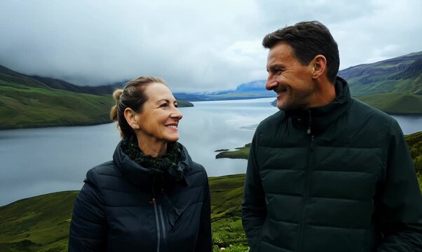 Couple in their 40s smiling at the Loch Ness in Scottish Highlands Scotland