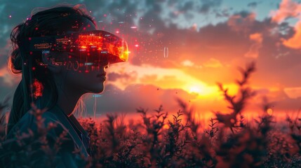 Woman in vr headset with digital overlay in sunset field - generative ai
