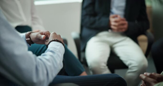 Hands, group and counselling for support, advice and conversation with help, recovery meeting and healing. Rehabilitation, people and discussion for progress, therapist in trauma centre or addiction