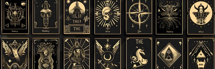 A grid of tarot card designs with a black and gold color scheme.