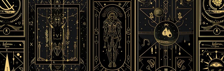 A grid of tarot card designs with a black and gold color scheme.