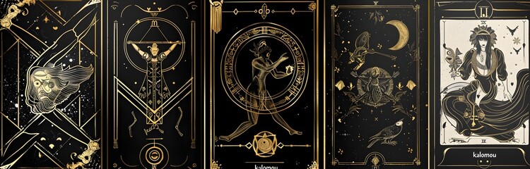 A grid of tarot card designs with a black and gold color scheme.