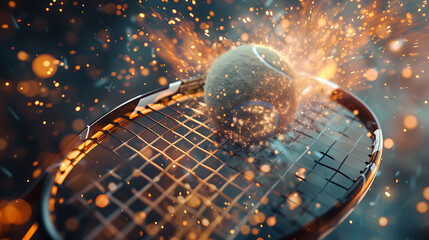 a dynamic moment in tennis, showing a close-up of a tennis ball hitting the strings of a racket. The impact is highlighted by an explosion of particles and a fiery effect