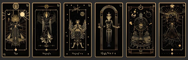 A grid of tarot card designs with a black and gold color scheme.