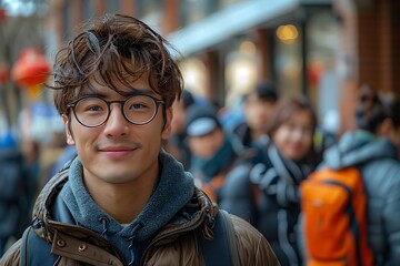 Fototapeta premium Portrait of Asian Chinese students studying abroad on a American or European campus 