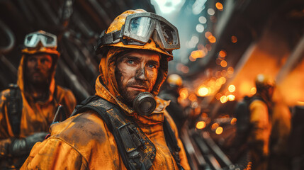 Fototapeta premium Worker uniform industrial factory, makes survey, checking equipment against background