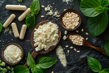 Magnesium glycinate supplement with amino acid glycine in wooden bowl for health