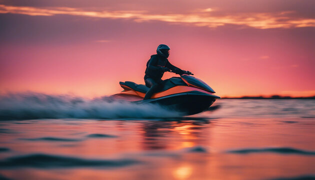 Person riding a jet ski at sunset with vibrant orange and pink skies

