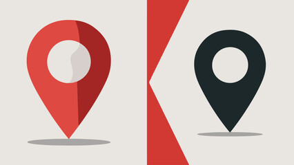 Two distinct location markers. On the left, there's a red location marker with a white circular hole at its top, set against a white background. On the right, there's a black location marker