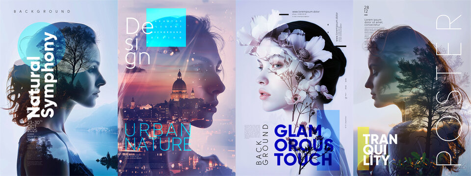 Trendy fashion poster design series features portraits of people using a double exposure effect. It's ideal for exhibitions, media banners, and art posters, merging text and visuals for a dynamic impa