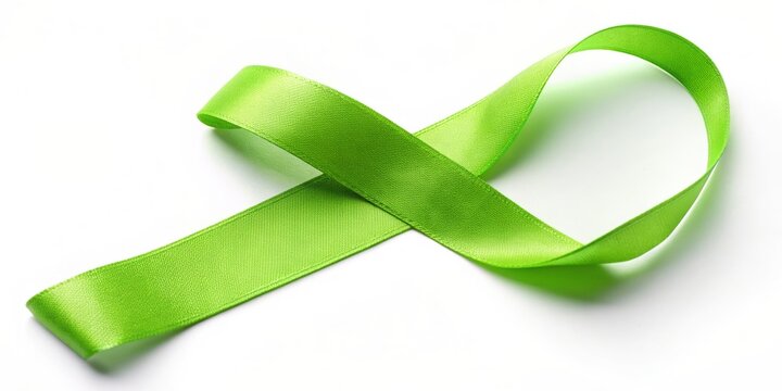 Vibrant lime green cancer ribbon lies on a clean white background, symbolizing hope and support for lymphoma, non-Hodgkin, Lyme disease, and muscular dystrophy awareness.