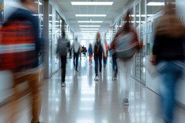 Abstract blurred school background. Children walking along bright school corridor