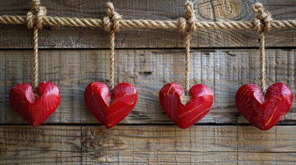 Handmade Red Heart Decorations Hanging on Rope Against Rustic Wooden Background for Valentine's Day