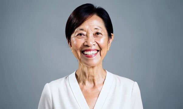 Portrait of pleased middle-aged asian woman in white blouse, smiling broadly and looking at camera, standing over gray background