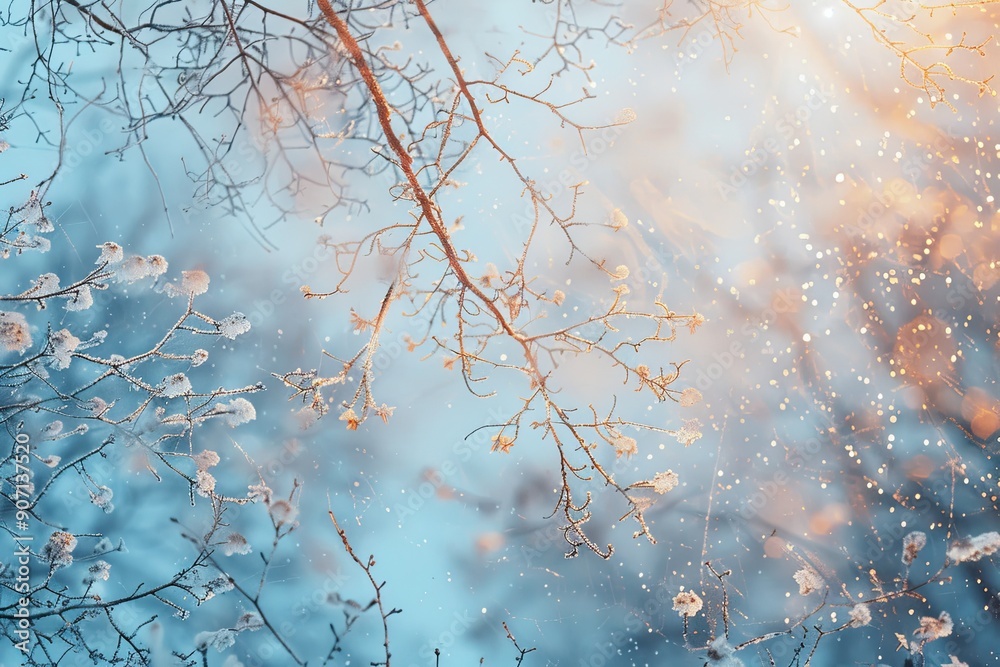 Aufkleber beautiful abstract winter ecology with frosty branches and soft sunlight in a tranquil forest