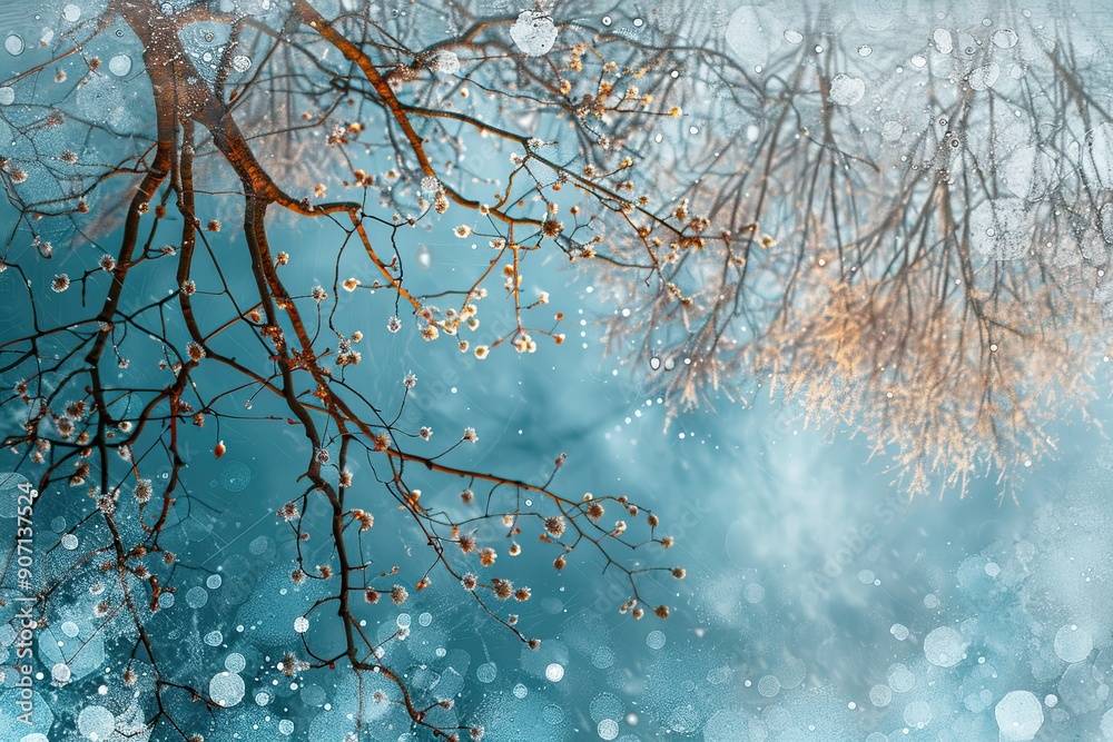 Poster Winter Abstract Background Featuring Frosted Branches and Glimmering Ice Details in a Tranquil Setting