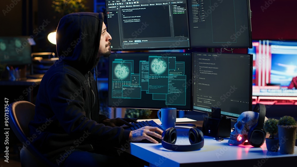 Poster hacker stealing credit card numbers while listening music through headphones. evil developer program