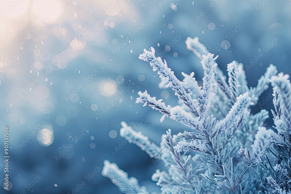 Poster winter wonderland depicting frosty greenery under soft sunlight sparkling in an ecological setting