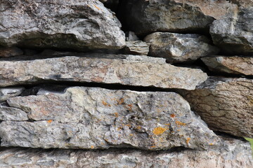 Gray stone blocks with soil and plants.

