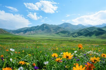 Fototapeta premium Breathtaking view of a vibrant mountain valley with colorful wildflowers under a blue sky