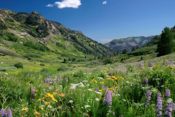 A tranquil mountain valley, carpeted with colorful wildflowers against a bright blue sky