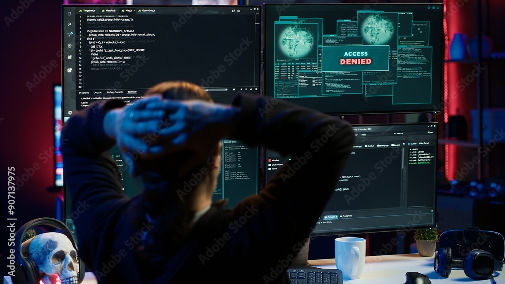 Poster hacker in hidden apartment trying to steal valuable data by targeting governmental websites but gett