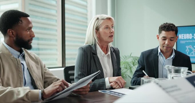 Meeting, presentation and business people with ideas for technology, neuroscience or brain computer. Teamwork, partnership and executive talking to investors for project review, paperwork or briefing