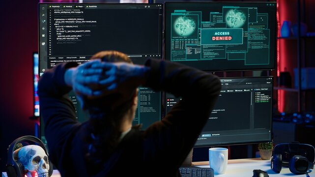 Hacker in hidden apartment trying to steal valuable data by targeting governmental websites but getting access denied error message, having cyber attacks rejected, camera A