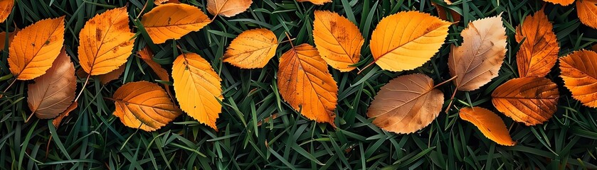 Obraz premium A beautiful arrangement of orange leaves resting on green grass, capturing the essence of autumn and natural beauty.