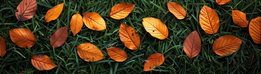 A serene view of fallen orange leaves scattered on lush green grass, capturing the beauty of autumn.