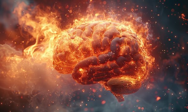 A frontal view of a brain on fire symbolizes the concept of brain diseases like Parkinson's, Alzheimer's, dementia, or multiple sclerosis.