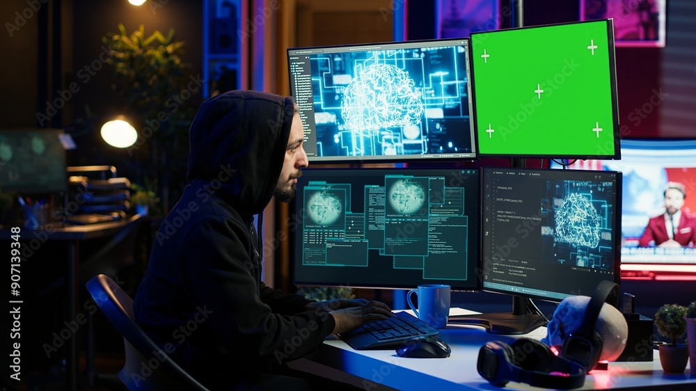 Poster hacker using green screen pc and ai to find unpatched connections and steal data. scammer using arti