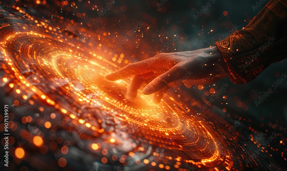 Wall mural a hand reaches out to touch a spinning vortex of light and data particles, visualizing a flow of inf