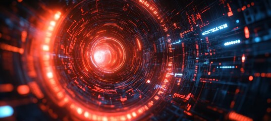 Obraz premium Abstract digital background with futuristic technology elements, including circular patterns and red color tones