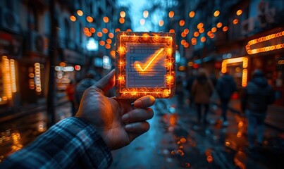 A digital businessman is holding a virtual checklist, symbolizing task management and efficiency.