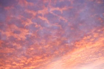 A beautiful sky tinted by the sun leaving vibrant shades of gold, pink, blue and multicolored. Clouds in the twilight evening and morning sky. Cloudy sky background in the evening and during the day.