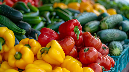 a colorful assortment of fresh vegetables displayed on a market stall. You can see red and yellow bell peppers, tomatoes, cucumbers, and possibly zucchinis