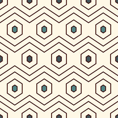 Zigzag seamless pattern. Hexagon mosaic tiles ornament. Ethnic surface print. Repeated geometric figures background. Ornamental wallpaper. Modern geo design digital paper. Vector abstract art