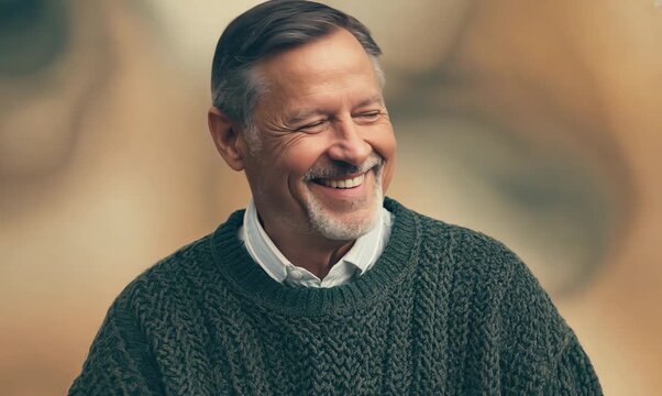 Medium shot portrait video of a pleased man in his 50s wearing a cozy sweater against an abstract background