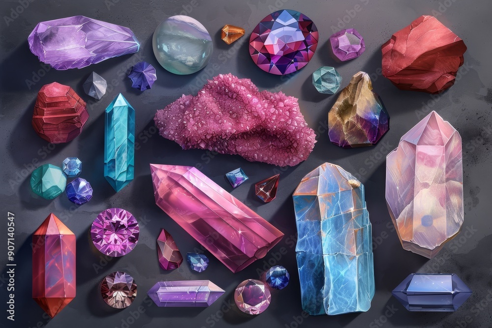 Poster a collection of crystals and other gems, collection of gemstones with different cuts and colors