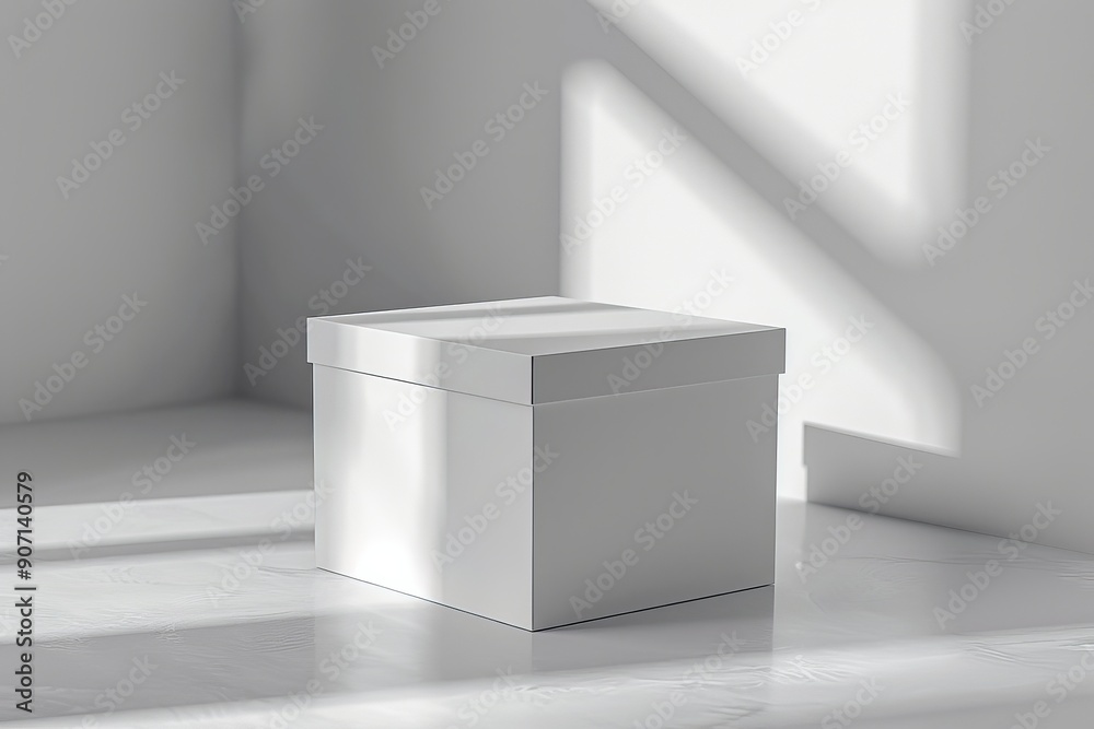 Fototapete this image depicts a simple white box placed in an empty corner, lit up by natural light, evoking fe