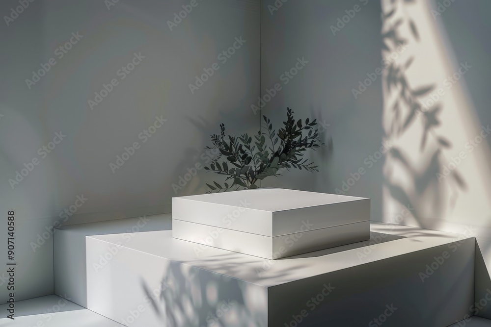 Leinwandbilder a minimalist composition featuring a white box with delicate leaves casting shadows, creating an int