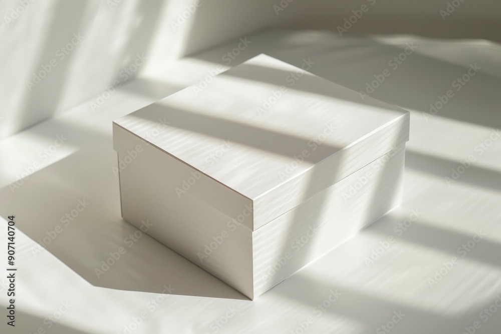 Aufkleber A pristine white rectangular box with a lid, bathed in sunlight rays that create gentle light and shadow interplay, emphasizing the boxes clean lines and elegance.