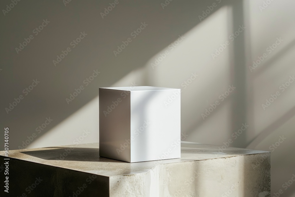 Aufkleber A small white cube placed on a concrete surface, highlighted by the interplay of sunlight and shadows, demonstrating a simple yet captivating design aesthetic.