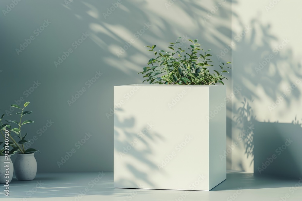 Poster an image showcasing a white cube planter containing green plants, illuminated by bright sunlight cre