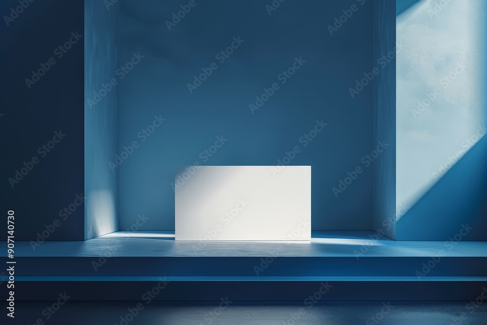 Aufkleber A rectangular white block set against an abstract backdrop with blue lighting, creating a striking image that highlights the contrast and interaction between light and space.
